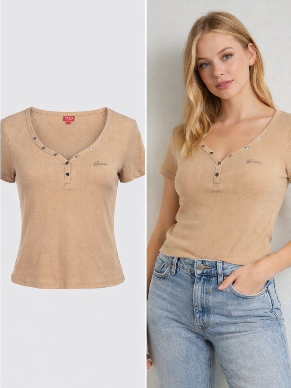 GUESS | Ribbed Henley Top | Tan Beige | Studded Neckline | Short Sleeve | XL